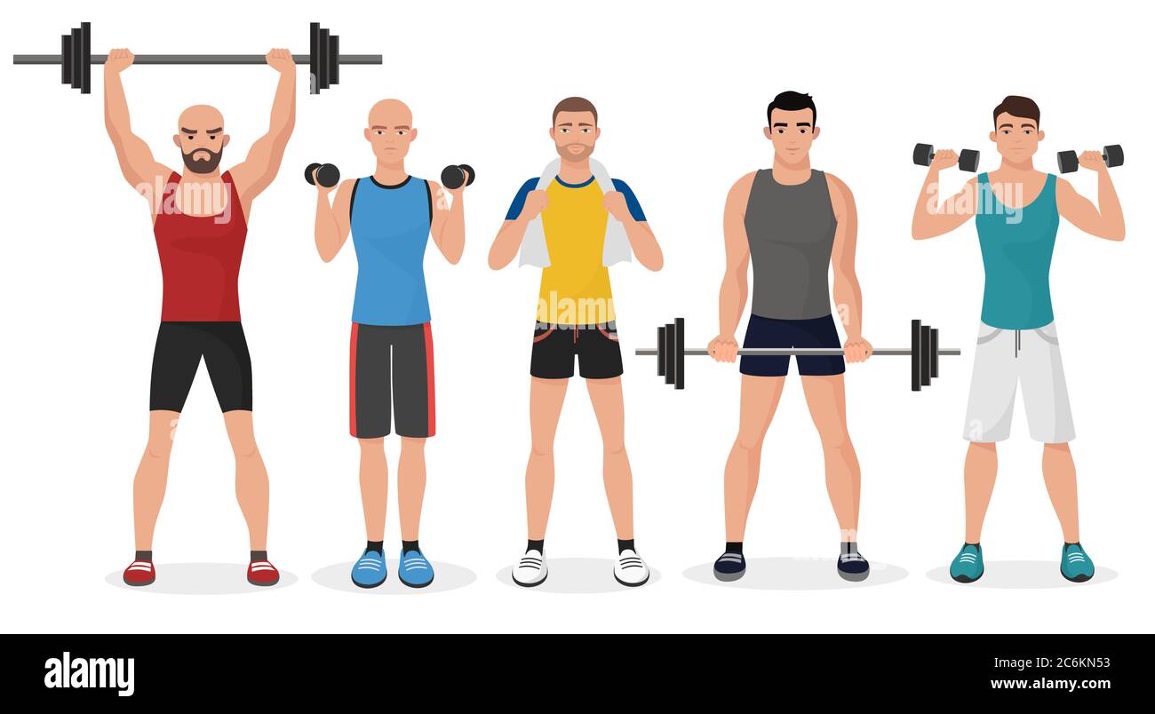 Fitness men male in gym set. Healthy lifestyle guys make exercises and  gymnastics with barbells and dumbbells Stock Vector Image & Art - Alamy