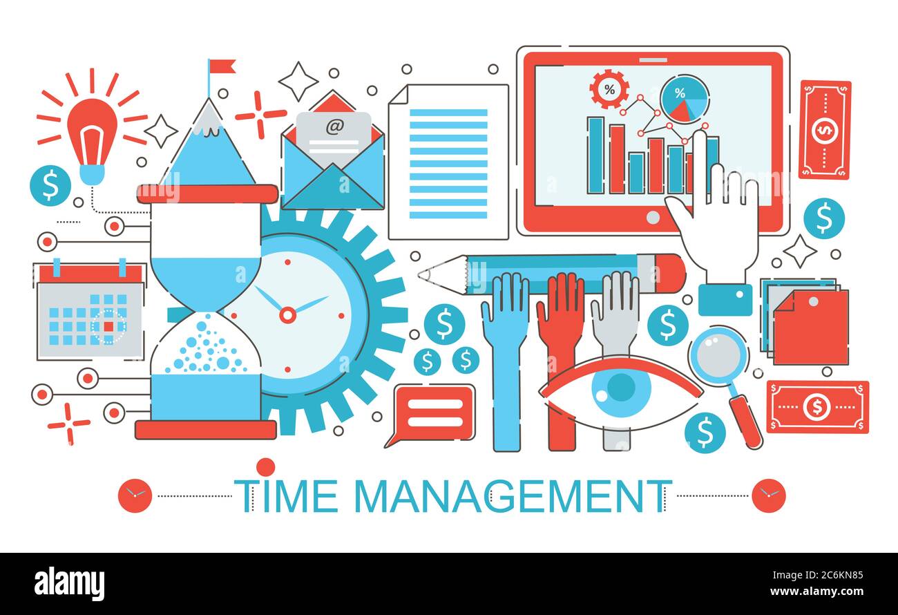 Modern Flat thin Line design Time management concept for web banner website, presentation, flyer and poster Stock Vector