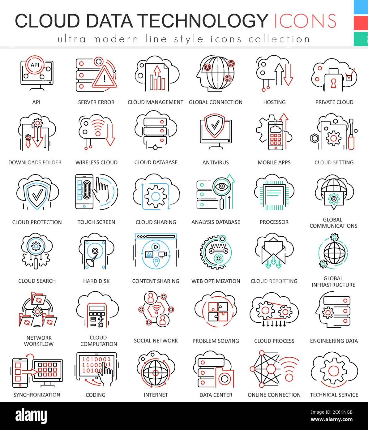 Vector Cloud data technology ultra modern color outline line icons for apps and web design Stock Vector