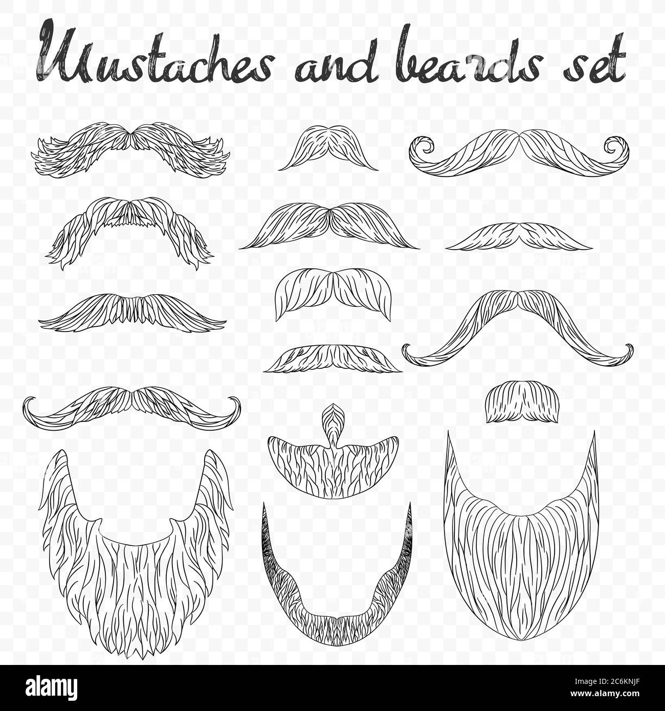 Man hair, mustache, beards collection isolated on transperant alpha background. Hipster high detailed retro fashion elements. in outline line drawing style Stock Vector