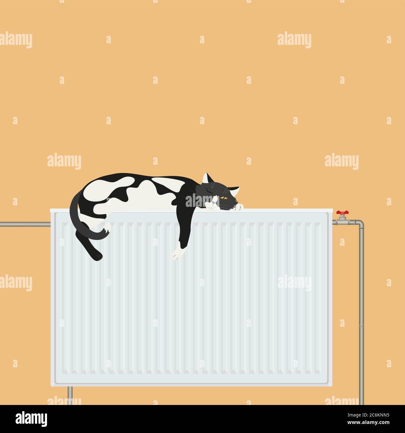 Cute cat relaxing sleeping on battery platform. Winter warm illustration. Domestic pet cat feeling cold Stock Vector