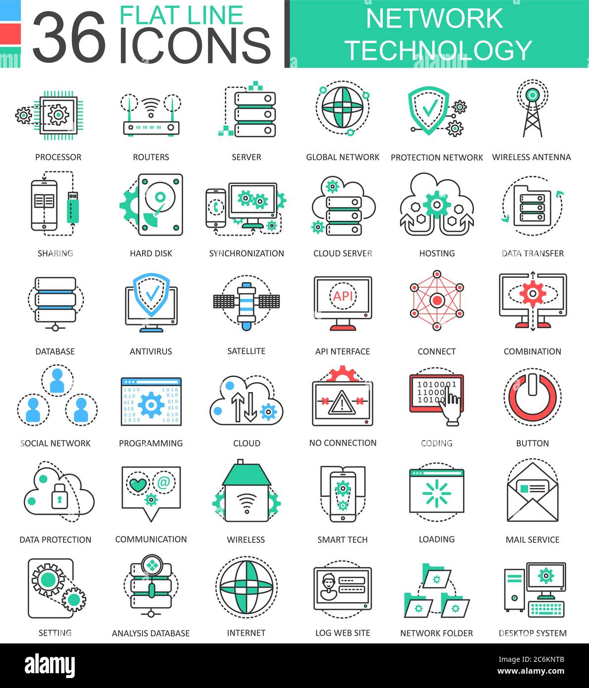 Vector Network technology modern color flat line outline icons for apps and web design Stock Vector