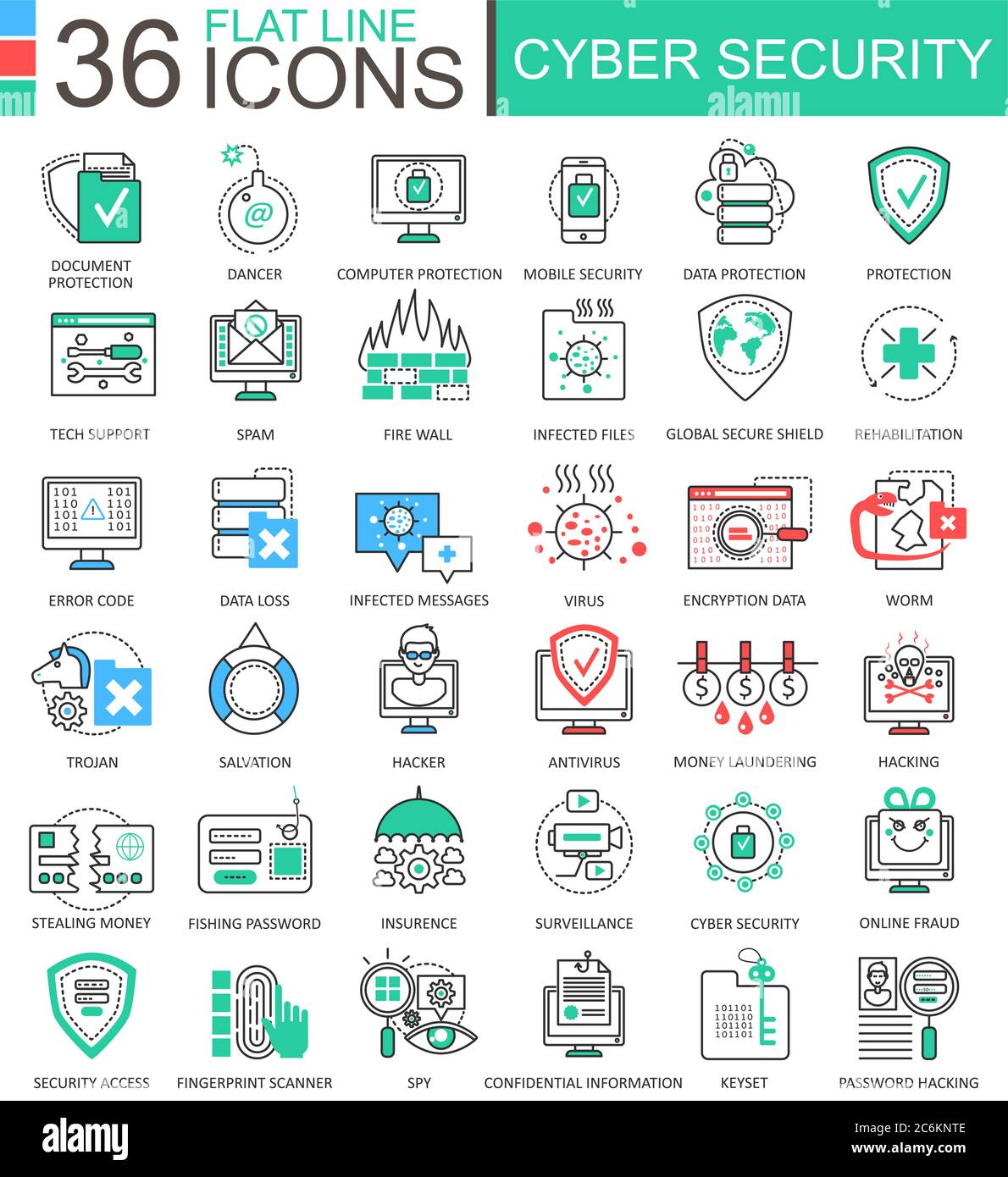Vector Cyber security modern color flat line outline icons for apps and web design Stock Vector