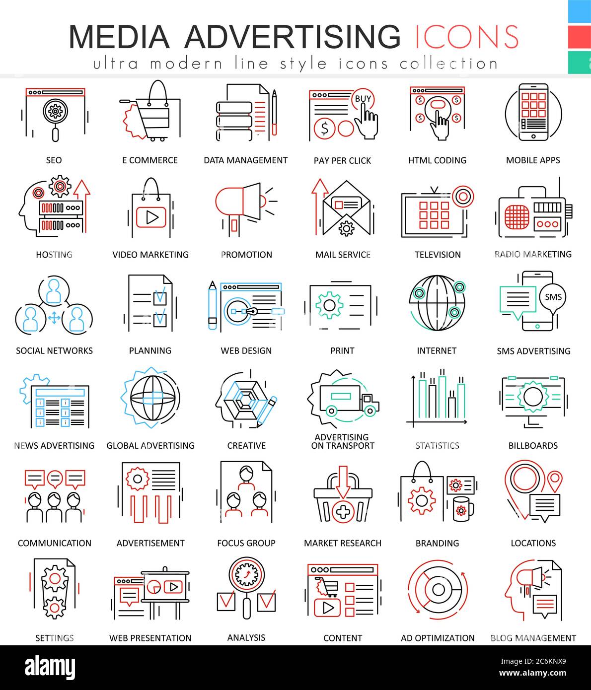 Vector Media advertising ultra modern color outline line icons for apps ...