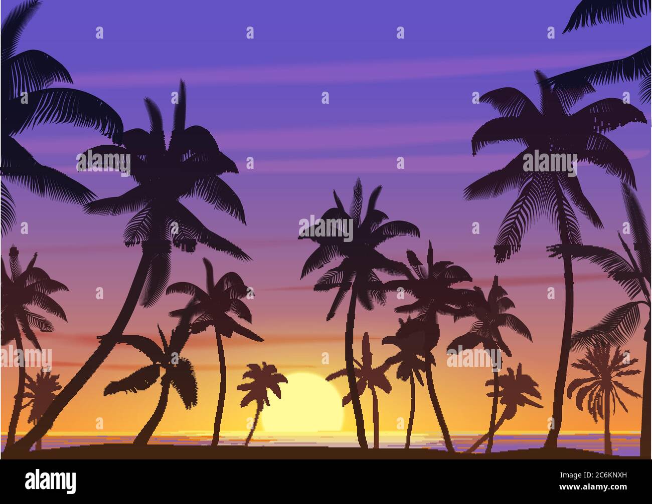 Palm coconut trees Silhouette at sunset or sunrise. Realistic vector illustration. Earth paradise on the beach Stock Vector