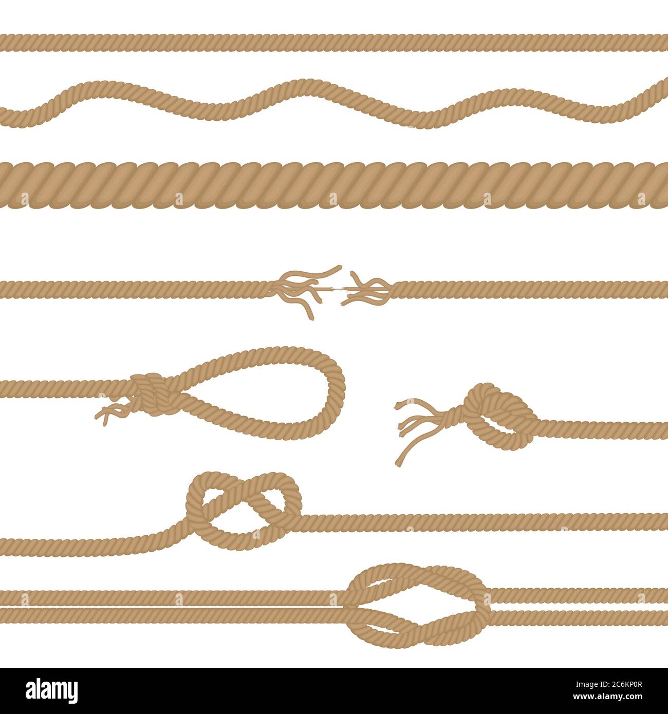 Set of realistic vector brown ropes and knots brushes isolated Stock Vector