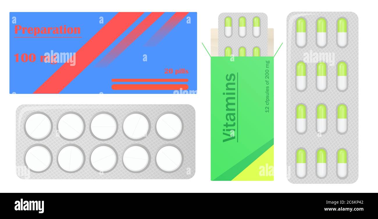 Pills in pack. Tablets pills in box. Medical drugs. Medicine vitamins Pills in blister packs Stock Vector