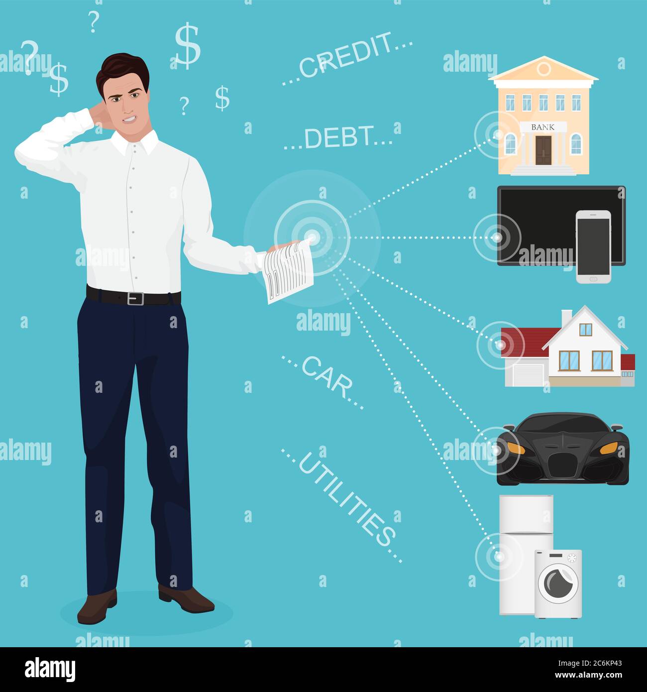 Man businessman feeling bad worried stress at home couch accounting bank bills dept papers expenses and car payments. Unpaid bills concept for web Stock Vector