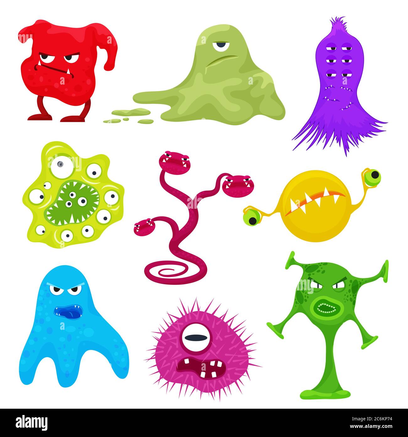 Vector cartoon evil bacteria germs. Angry agressive cute virus set Stock Vector