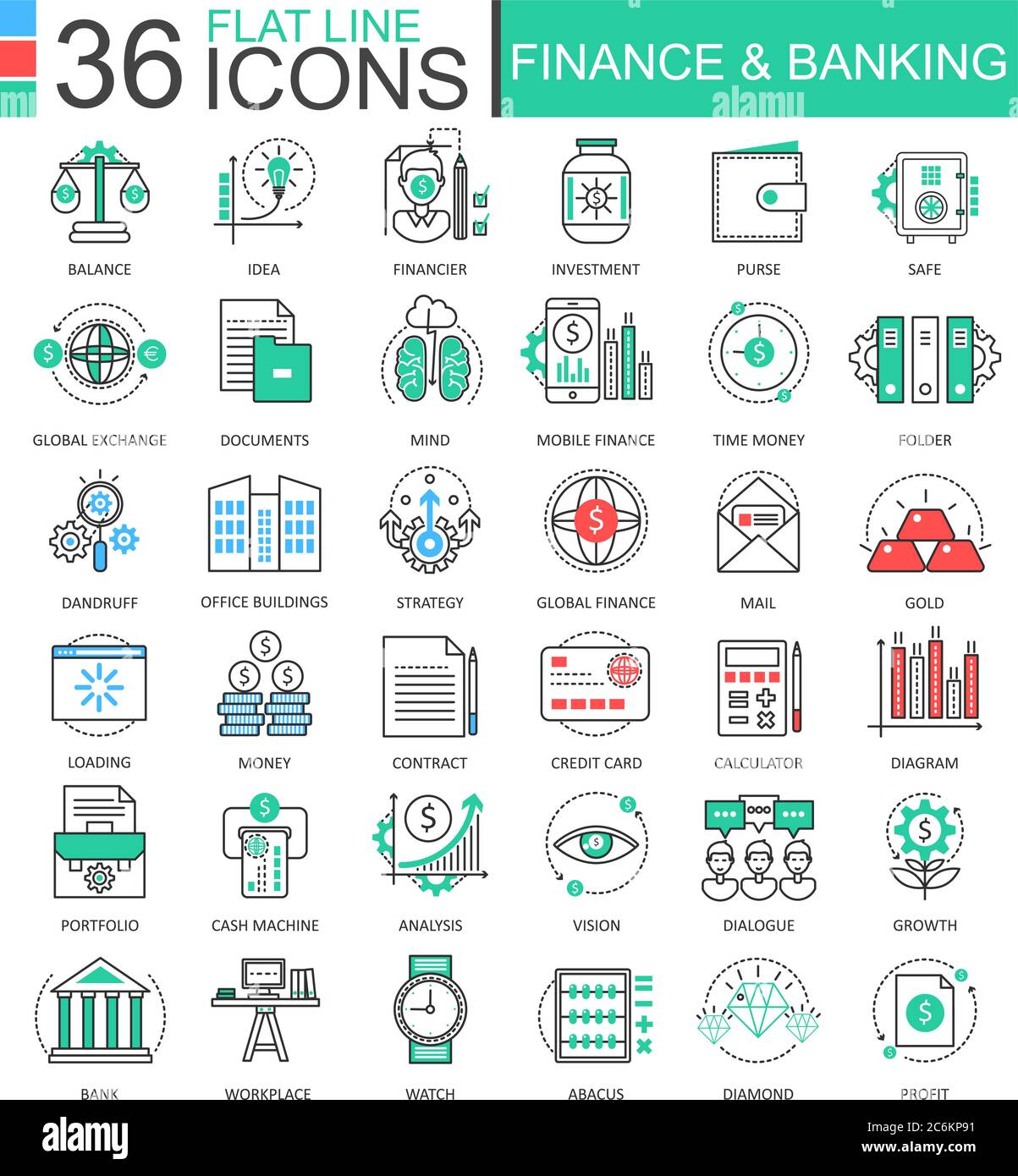 Vector Finance and banking modern color flat line outline icons for ...