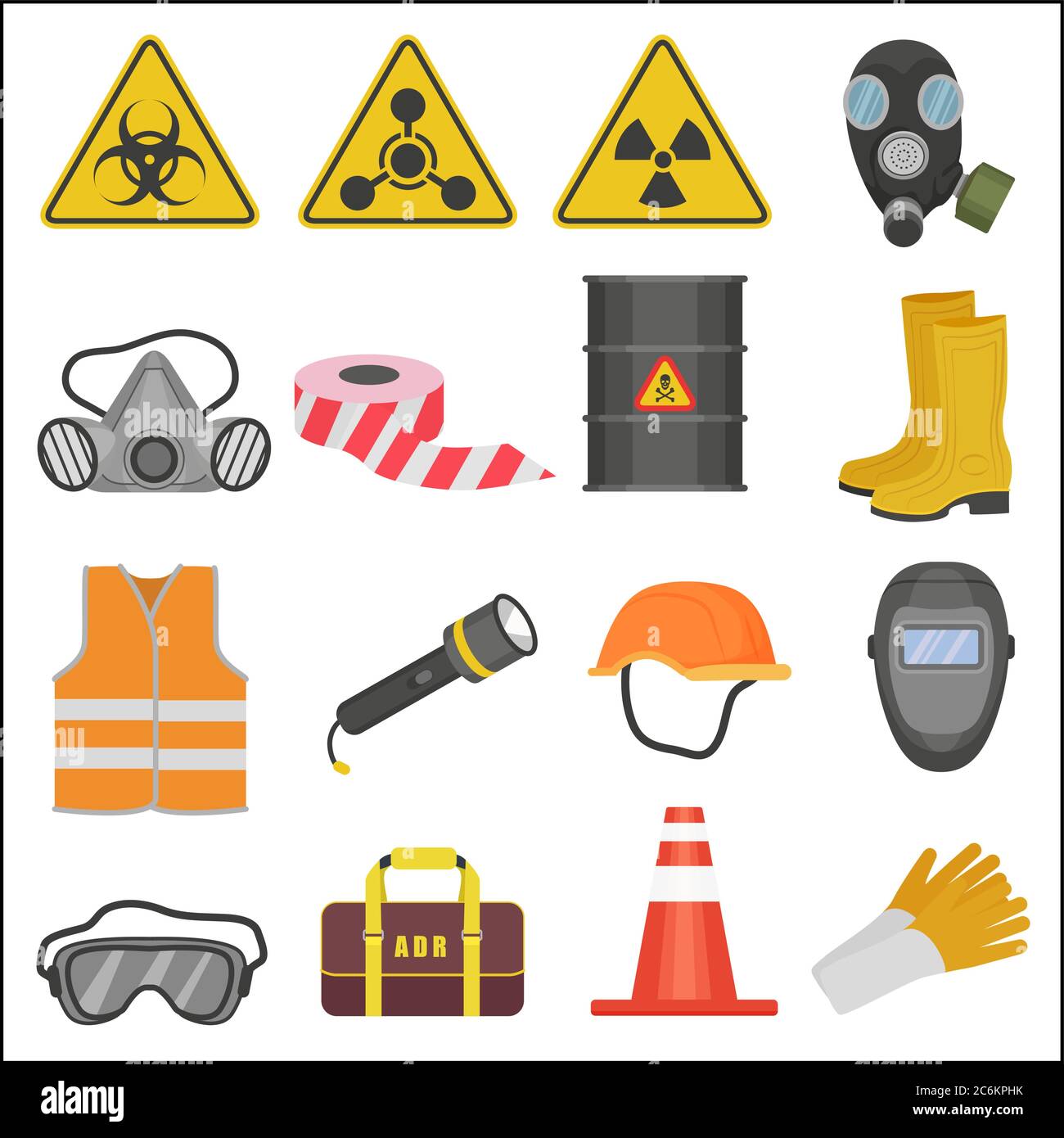 Industrial job work safety equipment flat icons set. Radiation and chemical protection Stock Vector