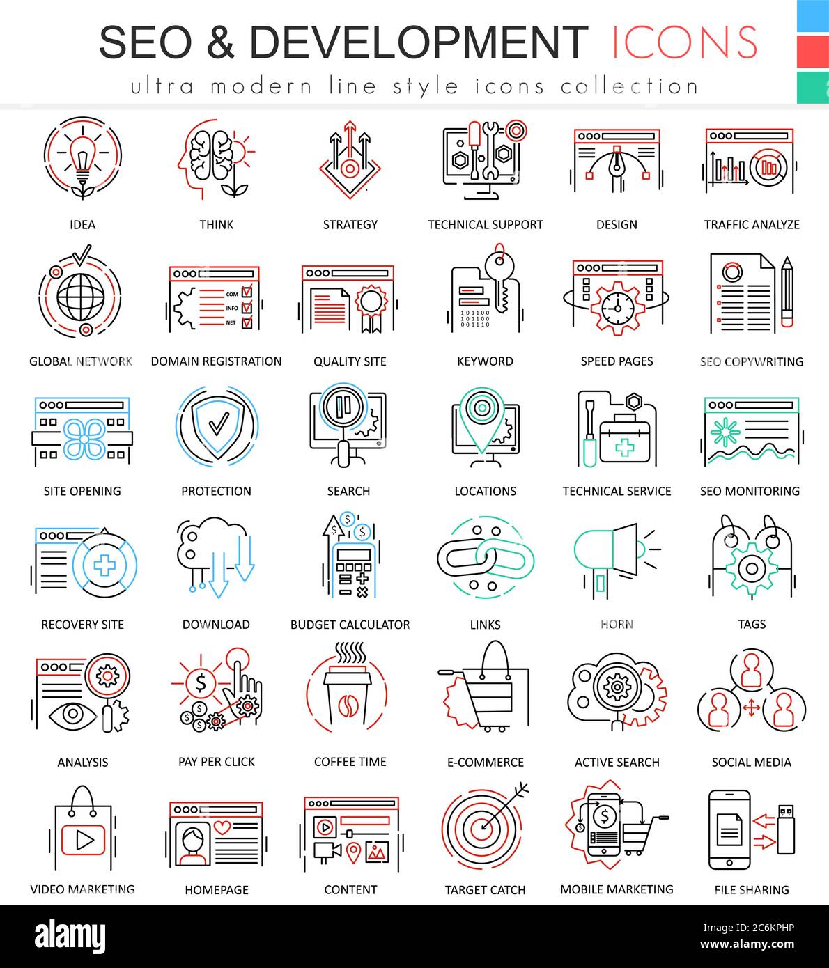 Vector SEO and development ultra modern color outline line icons for ...