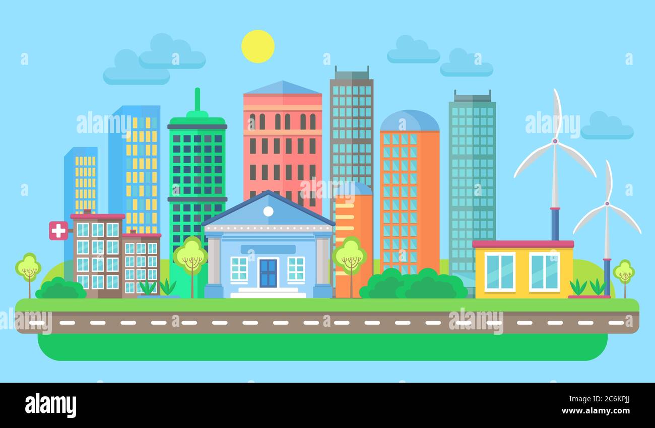 Urban and village landscape with buildings and skyscrapers. Cityscape vector illustration Stock Vector