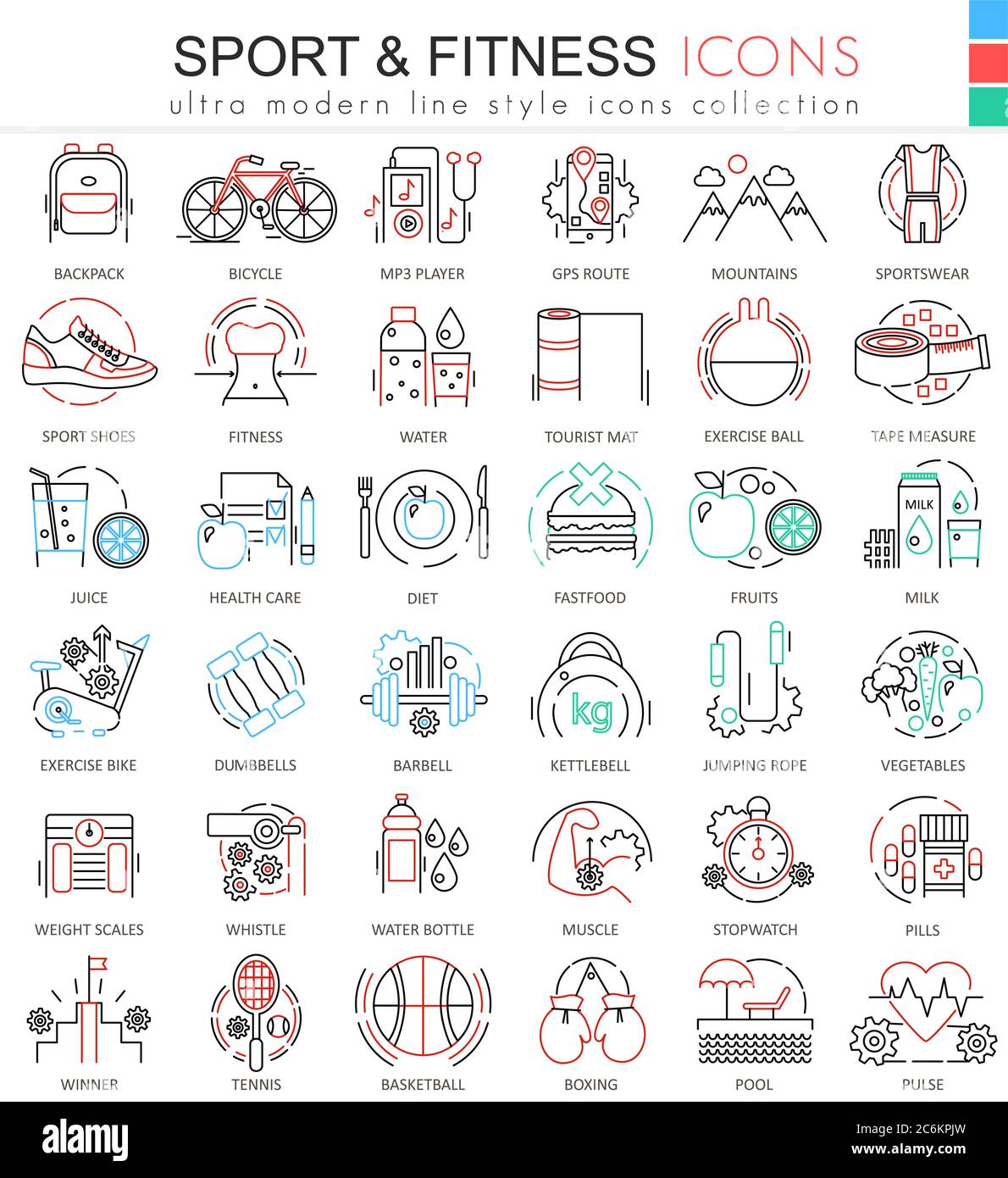 Vector Sport and Fitness ultra modern color outline line icons for apps ...