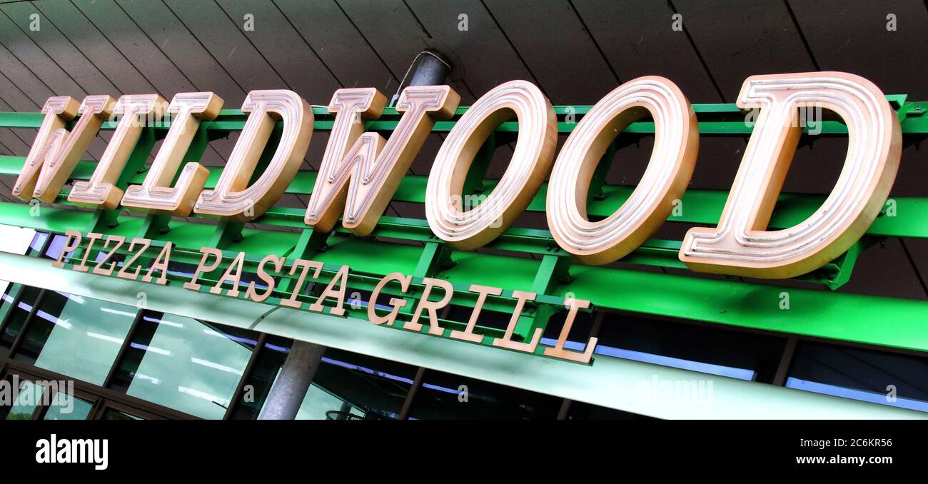 Wildwood Pizza and Pasta Grill logo seen at one of their branches Stock