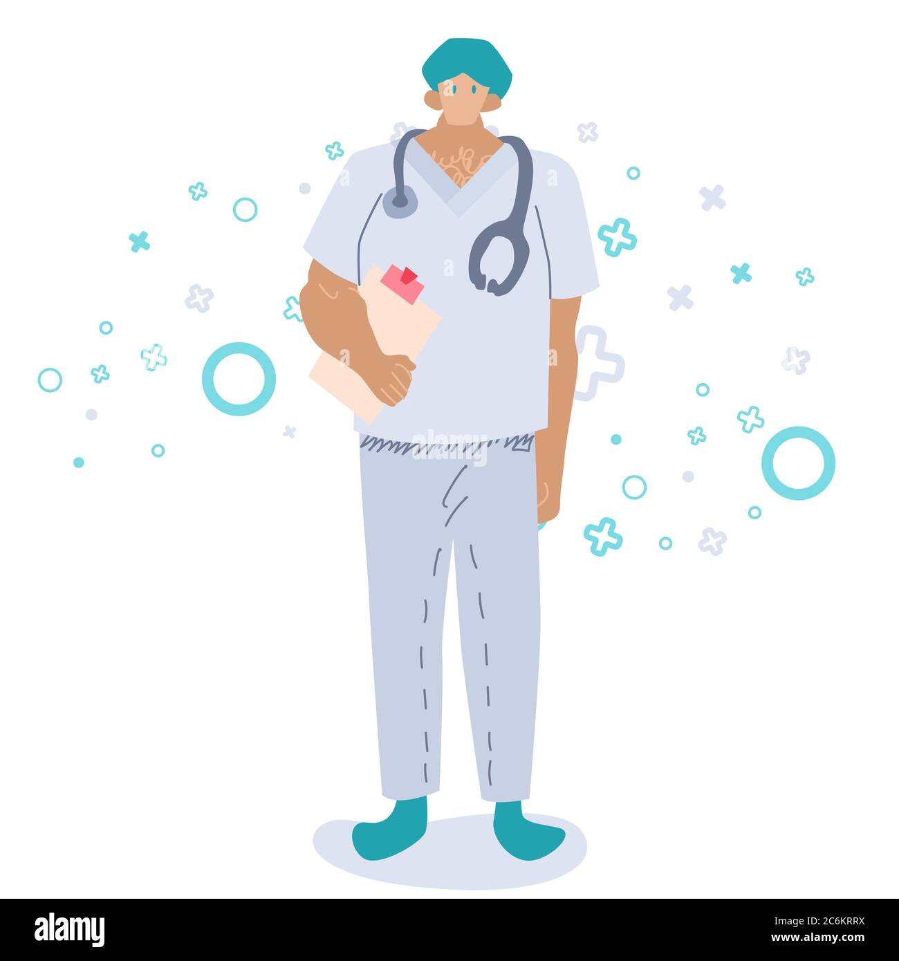 Medic male on white backdrop. Doctor with stethoscope for social banner or flyer, web element, health care promo, medical poster. Chemist shop logo or Stock Vector