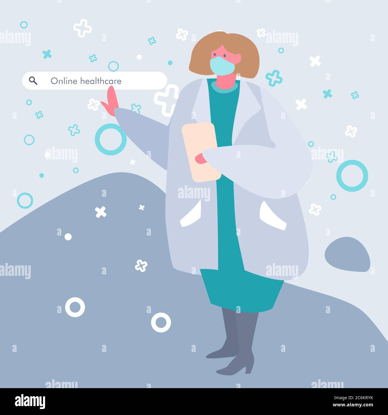 Female medic on grey backdrop. Doctor with tablet for social banner, landing page, web element, health care promo, medical poster. Chemist shop logo o Stock Vector