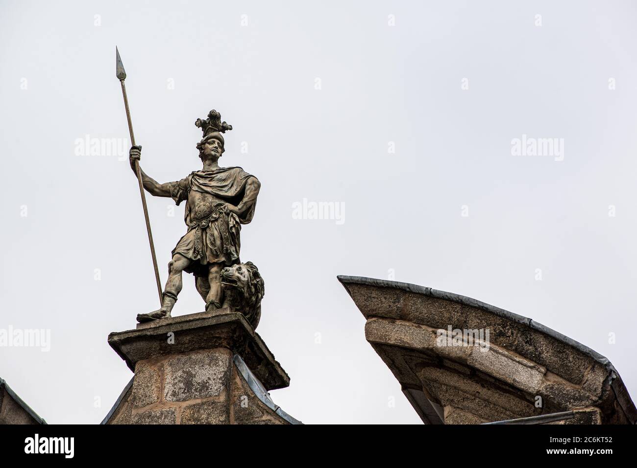Statue of Mars, Valour, Fortitude over a gateway in the Upper Castle Yard at Dublin Castle in Ireland Stock Photo
