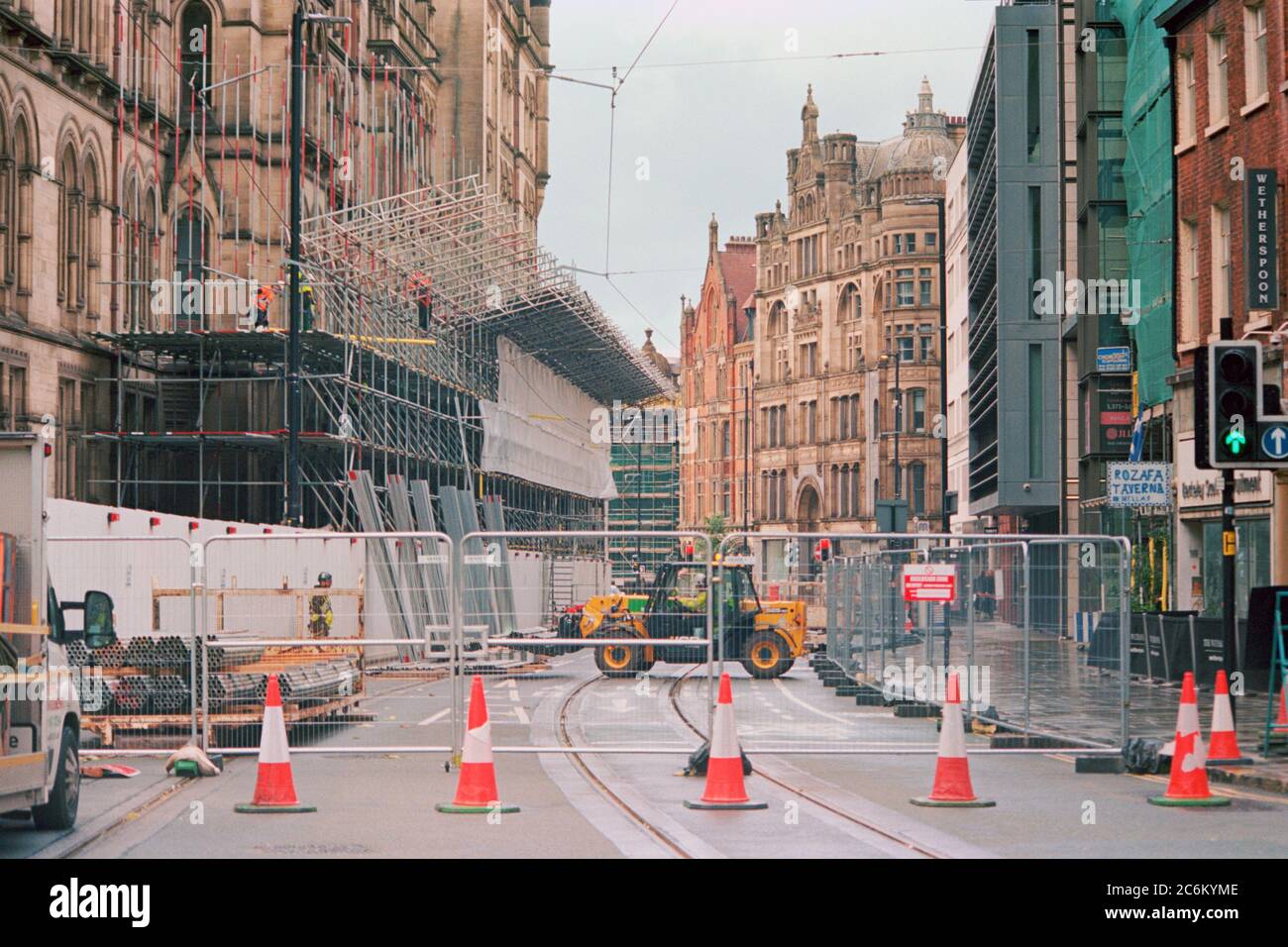 Manchester, UK - 5 July 2020: The tramway on Princess Street was temporarily closed for build scaffold to repair Manchester Town Hall. Stock Photo