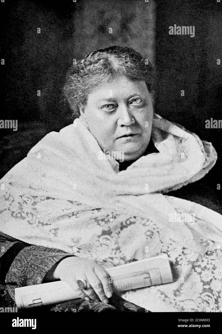 1890 c. , USA : The russian-born Madame Helena Petrovna BLAVATSKY von Hahn ( 1831 - 1891 ). Celebrated woman Theosopyst , phylosopher , occultist, mystic , spiritualist traveller and writer . Founder of THEOSOPHICAL SOCIETY in 1875 . In this photo with the ring of HIGHT PRIESTESS with symbol of Theosophy: ring with green stoneflecked with veins of blood red engraved with interlaced triangles in a circle, with in dian motto Sat ( Life ), was gived to Blavatsky by her Indian teacher Damodar Mavalankar in 1880  .- MEDIUM - Medianità - Sedute spiritiche - spiritualism - theosophy  - OCCULTISMO - O Stock Photo