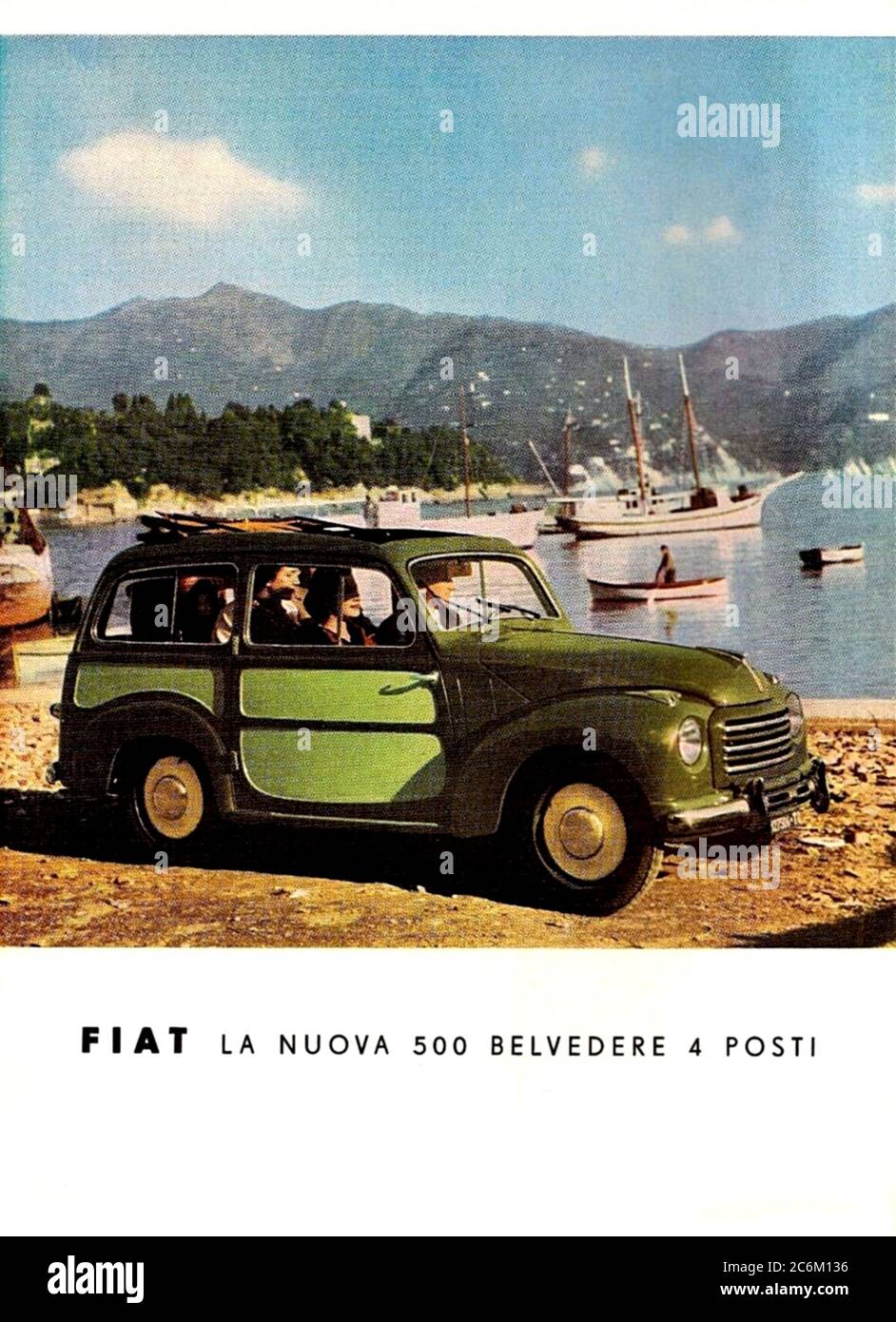 1952 ,TORINO ,  ITALY : The italian car industry  FIAT ( F.I.A.T. Fabbrica Italiana Automobili Torino ) advertising for the new FIAT 500 BELVEDERE ( TOPOLINO ), 4 posti ( 4 passengers ).  - auto - automobile - automobili - cars - industria - pubblicità - ANNI CINQUANTA - '50 - 50's - FABBRICA --- ARCHIVIO GBB Stock Photo