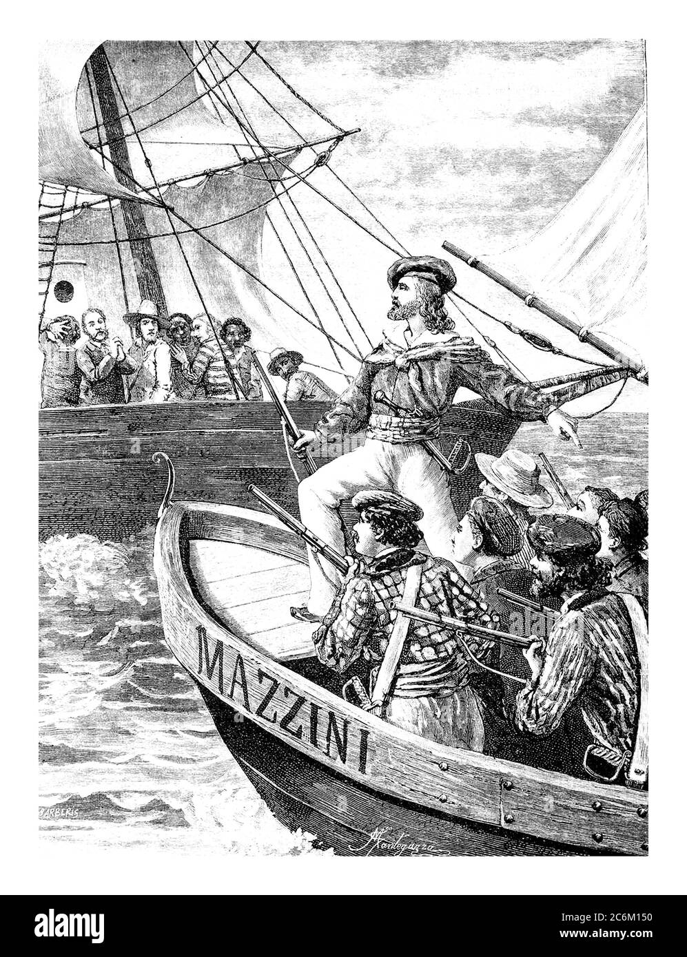 1848 c., SOUTH AMERICA : The italian military hero GIUSEPPE GARIBALDI ( 1807 - 1882 ) on MAZZINI boat. Artwork engraved by Barberis, from original work by Mantegazza . - POLITICO - POLITICA - POLITIC - Unità d'Italia - RISORGIMENTO  -  ITALIA - FOTO STORICHE - HISTORY - beard - barba  - incisione - engraving - illustrazione - illustration ----  Archivio GBB Stock Photo