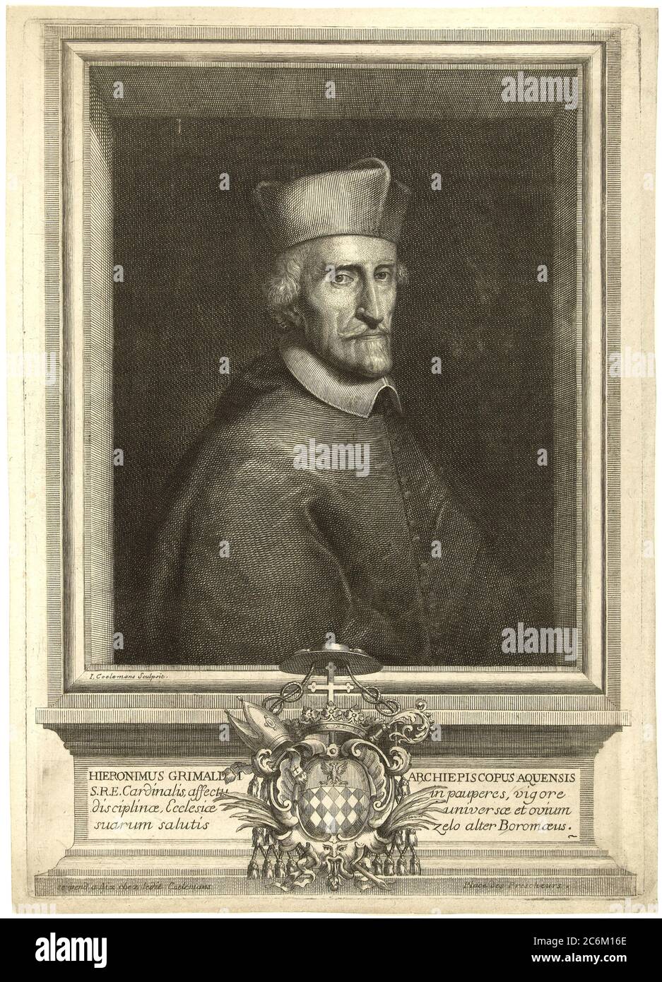 1680 c, ROMA, ITALY : The italian Catholic Arcivescovo  Cardinale GIROLAMO GRIMALDI CAVALLERONI ( 1597 - 1685 ), Cardinale nomined  by Papa Urbano VIII in 1643 . Portrait engraved byI. Coelemans . - Grimaldi-Cavalleroni - RELIGIONE CATTOLICA - ARCIVESCOVO - CARDINALE - CATHOLIC RELIGION - CLERICALI - CLERICALE - ALTO PRELATI - VATICANO - VATICAN - ITALIA - incisione - engraving - illustrazione - HISTORY - FOTO STORICHE --- Archivio GBB Stock Photo