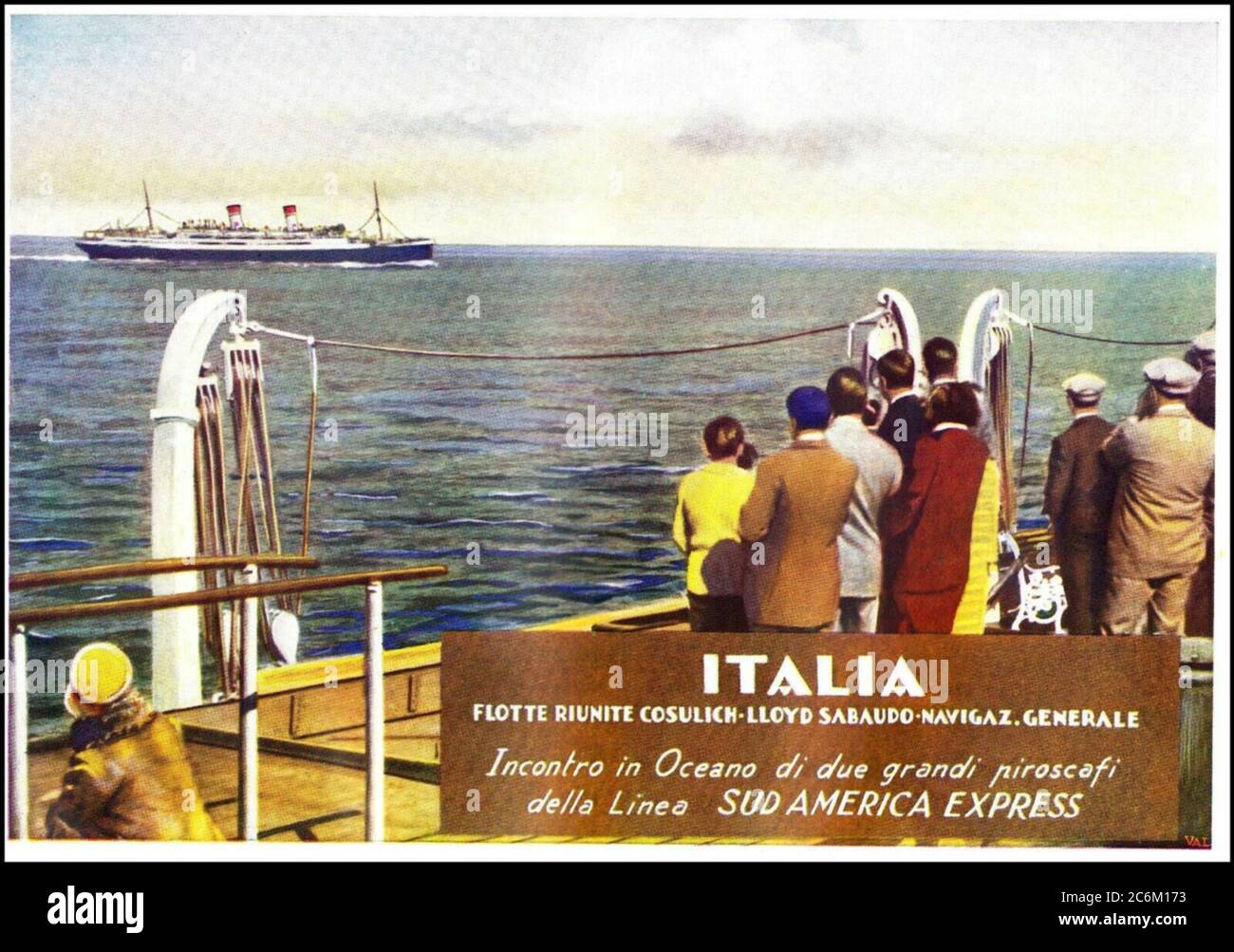 1932 , ITALY : SUD AMERICA EXPRESS . The italian Ocean Liner Transatlantic ITALIA  , the FLOTTE RIUNITE COSULICH - LLOYD SABAUDO - NAVIGAZIONE GENERALE . In this advertising the CONTE BIANCAMANO ( 1925 ) crossed in Ocean Atlantic another navy like CONTE ROSSO or the CONTE VERDE .  In 1932,  Lloyd Sabaudo and Navigazione Generale Italiana , the company created ' Italia Flotte Riunite ' which, controlled by the government, brought together the three main Italian shipping companies of the time under a single flag . During this period there were passenger lines that connected Trieste with New York Stock Photo