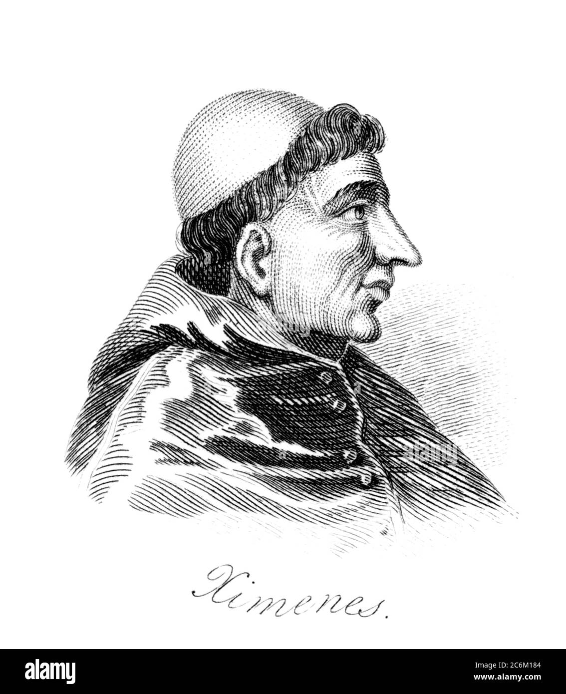 1510 c, SPAIN : The spanish Cardinal FRANCISCO JIMENEZ ( XIMENES ) DE CISNEROS ( 1436 - 1517 ), Roman Catholic Statesman  , Regent of Spain and Grand Inquisitor . Portrait engraved  and pubblished in XIX century . - RELIGIONE CATTOLICA - ARCIVESCOVO - CARDINALE - CATHOLIC RELIGION - CLERICALI - CLERICALE - ALTO PRELATO - VATICANO - VATICAN - SPAGNA - SANTA INQUISIZIONE - INQUISITORE - FRANCESCANO - ORDINE DEI FRANCESCANI - illustrazione - illustration - incisione - POLITICO- POLITICIAN - POLITICA - POLITIC - Reggente del Regno di Castiglia - Castilla --- Archivio GBB Stock Photo
