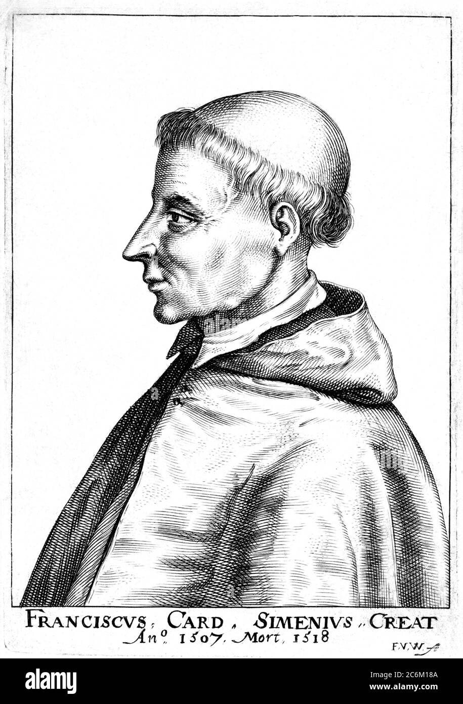 1507, SPAIN : The spanish Cardinal FRANCISCO JIMENEZ ( XIMENES ) DE CISNEROS ( 1436 - 1517 ), Roman Catholic Statesman  , Regent of Spain and Grand Inquisitor . Portrait engraved  and pubblished in XVIII century . - RELIGIONE CATTOLICA - ARCIVESCOVO - CARDINALE - CATHOLIC RELIGION - CLERICALI - CLERICALE - ALTO PRELATO - VATICANO - VATICAN - SPAGNA - SANTA INQUISIZIONE - INQUISITORE - FRANCESCANO - ORDINE DEI FRANCESCANI - illustrazione - illustration - incisione - POLITICO- POLITICIAN - POLITICA - POLITIC - Reggente del Regno di Castiglia - Castilla --- Archivio GBB Stock Photo
