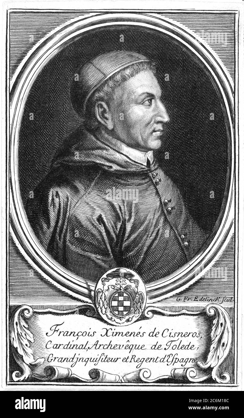 1510 c, SPAIN : The spanish Cardinal FRANCISCO JIMENEZ ( XIMENES ) DE CISNEROS ( 1436 - 1517 ), Roman Catholic Statesman  , Regent of Spain and Grand Inquisitor . Portrait engraved by Gerard Edelinck ( 1640 - 1707 ) and pubblished in 1700 ca . - RELIGIONE CATTOLICA - ARCIVESCOVO - CARDINALE - CATHOLIC RELIGION - CLERICALI - CLERICALE - ALTO PRELATO - VATICANO - VATICAN - SPAGNA - SANTA INQUISIZIONE - INQUISITORE - FRANCESCANO - ORDINE DEI FRANCESCANI - illustrazione - illustration - incisione - POLITICO- POLITICIAN - POLITICA - POLITIC - Reggente del Regno di Castiglia - Castilla --- Archivio Stock Photo