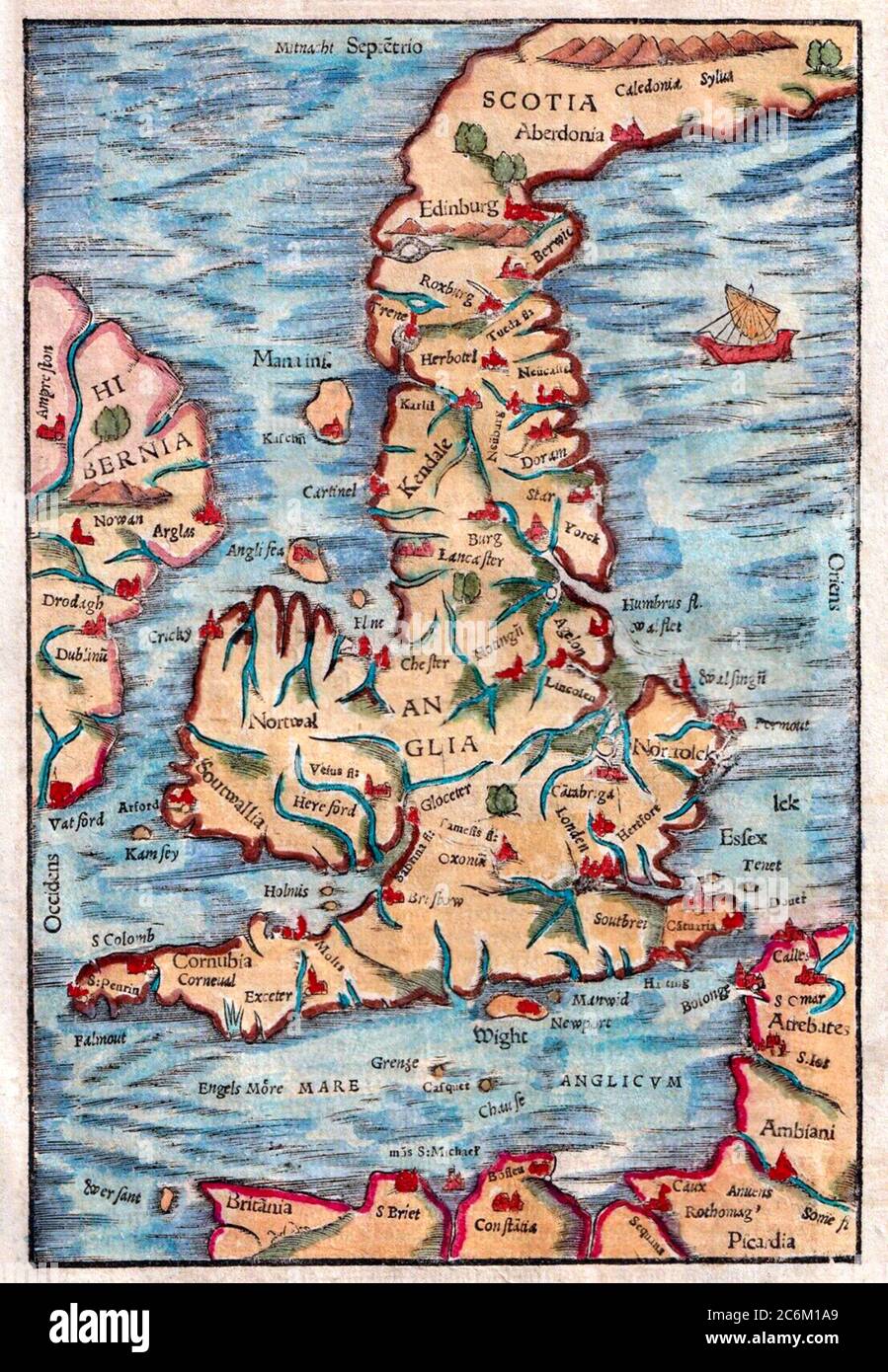 1588 , GREAT BRITAIN  : The View Great Britain plant from the 1588 edition of COSMOGRAPHIA ( 1544 ) by   german cartographer and cosmographer  Sebastian  Münster ( 1488 – 1552 ). One of the earliest German description of the world . -  GRAND BRETAGNA  - VIEW  - FOTO STORICHE - HISTORY - GEOGRAFIA - GEOGRAPHY  - COSMOGRAFIA - COSMOGONIA - CARTOGRAFIA - Cartina CARTA GEOGRAFICA -  sea - mare - Mar della MANICA - English Channel  - Muenster - Munster ---  Archivio GBB Stock Photo