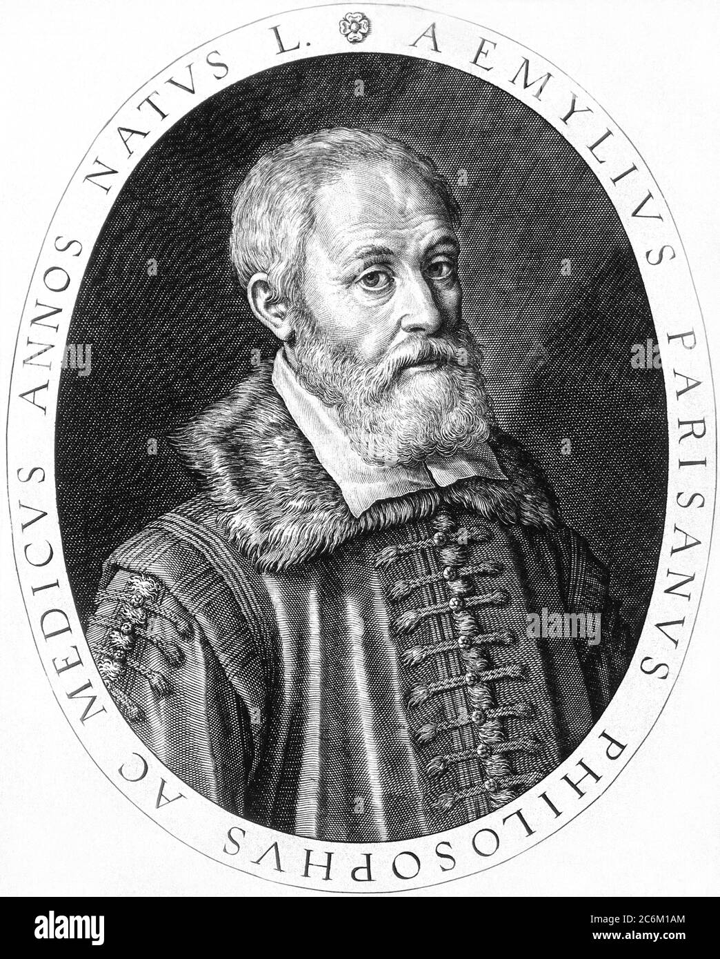 1640 c , ITALY : The italian anatomist , physician and philosopher Aemilius Parisanus aka EMILIO PARISANO ( 1567 - 1643 ). Portrait engraved by R. Sadeler after Pietro Mera , 1617 . - Aemylii Parisani - ANATOMIA - ANATHOMY - ANATOMIST - ANATOMISTA - HISTORY - foto storiche - scientist - portrait - ritratto - ITALIA - DOTTORE - MEDICO - MEDICINA - medicine - SCIENZA - SCIENCE -  DOTTORE - MEDICIAN - illustrazione - illustration - engraving - incisione - collar - colletto - beard - barba - ITALIA - FILOSOFO - PHILOSOPHY - FILOSOFIA - PHILOSOPHER --- Archivio GBB Stock Photo