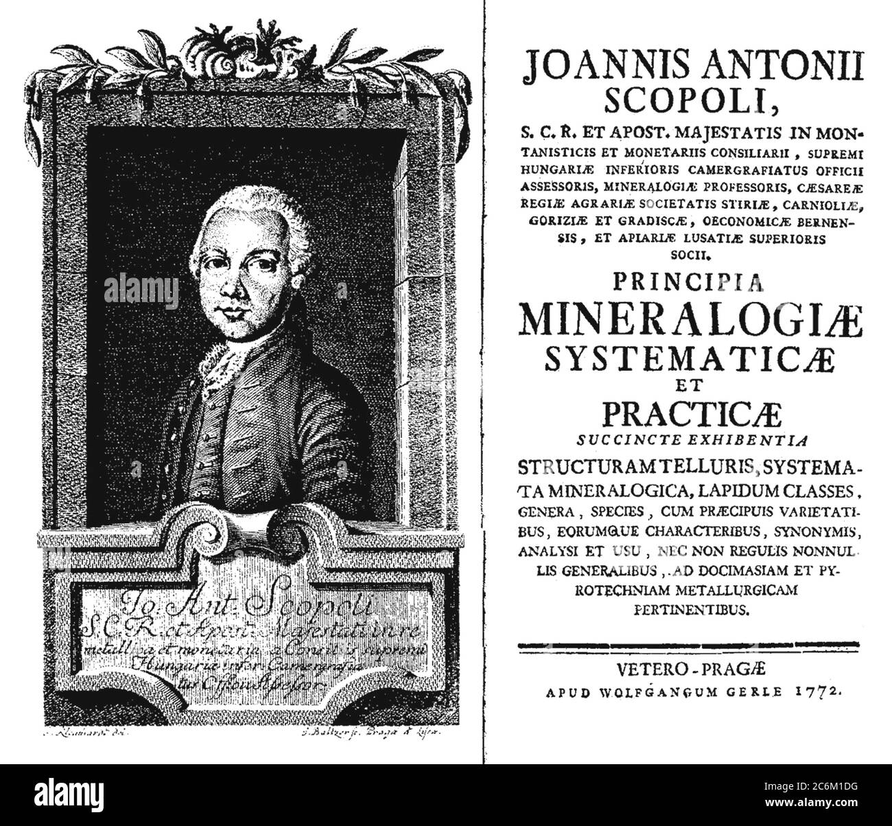 1770 ca , ITALY : Portrait of scientist and naturalist GIOVANNI ANTONIO SCOPOLI ( 1723 - 1788 ). Engraved portrait by Jan Kleinhardt ( 1742 - 1794 ), frontpage of book PRINCIPIA MINERALOGIAE SYSTEMATICAE ET PRATICAE ( Prague , 1772 ) . - Joannes Antonius Scopoli - foto storiche - HISTORY - scienziato - scientist - portrait - ritratto - ITALIA - wig - parrucca - DOTTORE - MEDICO - MEDICINA - medicine - NATURALISTA - NATURALISMO - libro - book  ---  Archivio GBB Stock Photo
