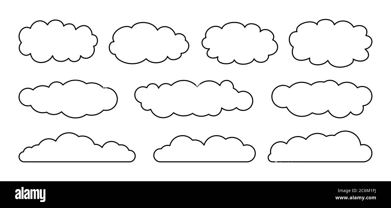Cloud set. Sketch flat cartoon style. Line abstract elements, cloudy collection. Label, symbol, shape different contour clouds sky. Symbol for design, logo or app. Isolated vector illustration Stock Vector