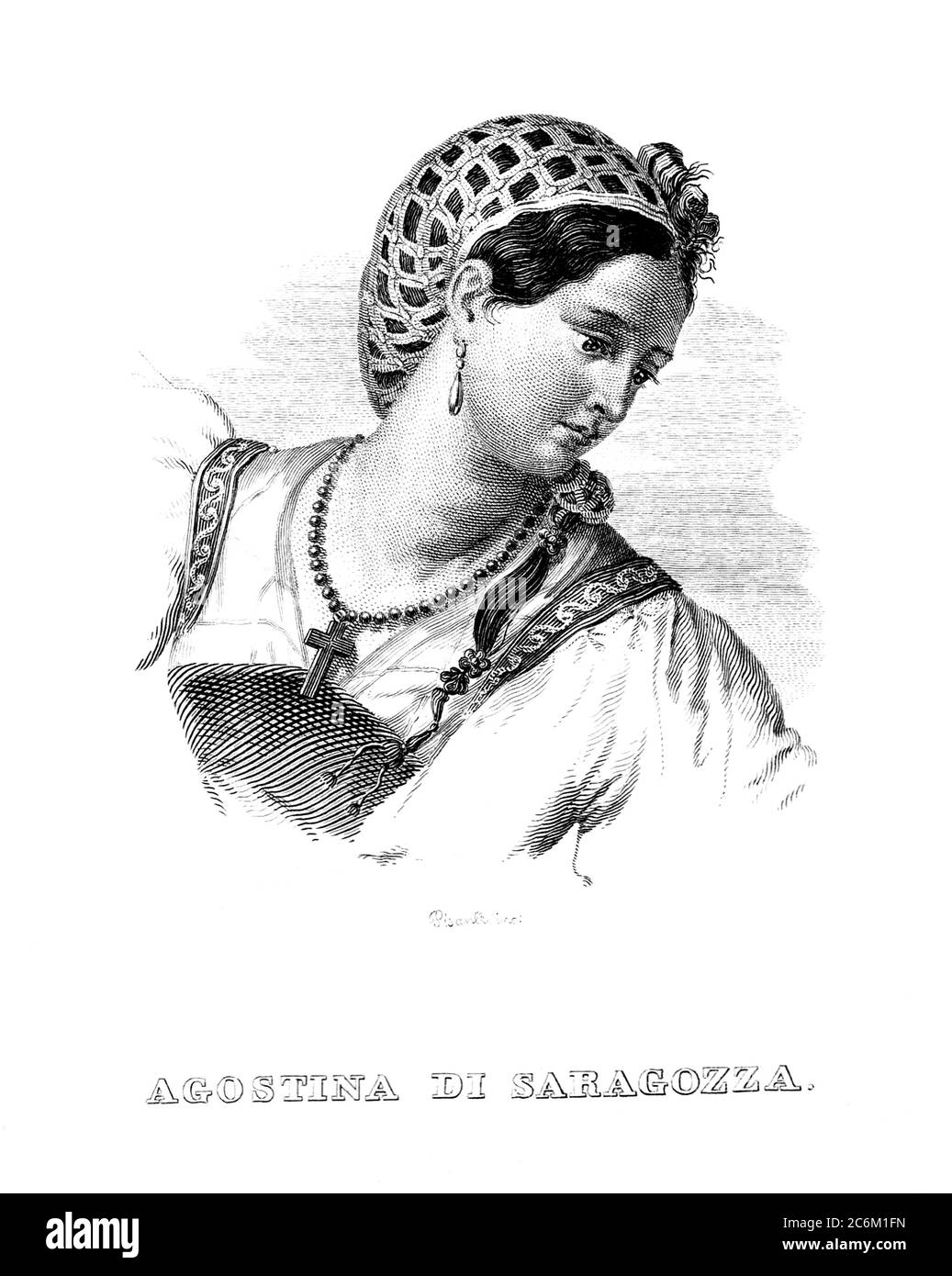 1808 c, Zaragoza , SPAIN : The spanish heroine patriot Agustina Raimunda Maria Saragossa i Domènech aka Agustina de Aragón ( 1786 - 1857 ) known as The Spanish Joan of Arc . Subject of much folklore, mythology, and artwork, including sketches by Francisco Goya and the poetry of Lord Byron . Engraving by italian artist Pisante , pubblished in 1843 .- PORTRAIT - RITRATTO - AGOSTINA DI SARAGOZZA  d'ARAGONA - engraving - incisione - SPAGNA  ----  Archivio GBB Stock Photo