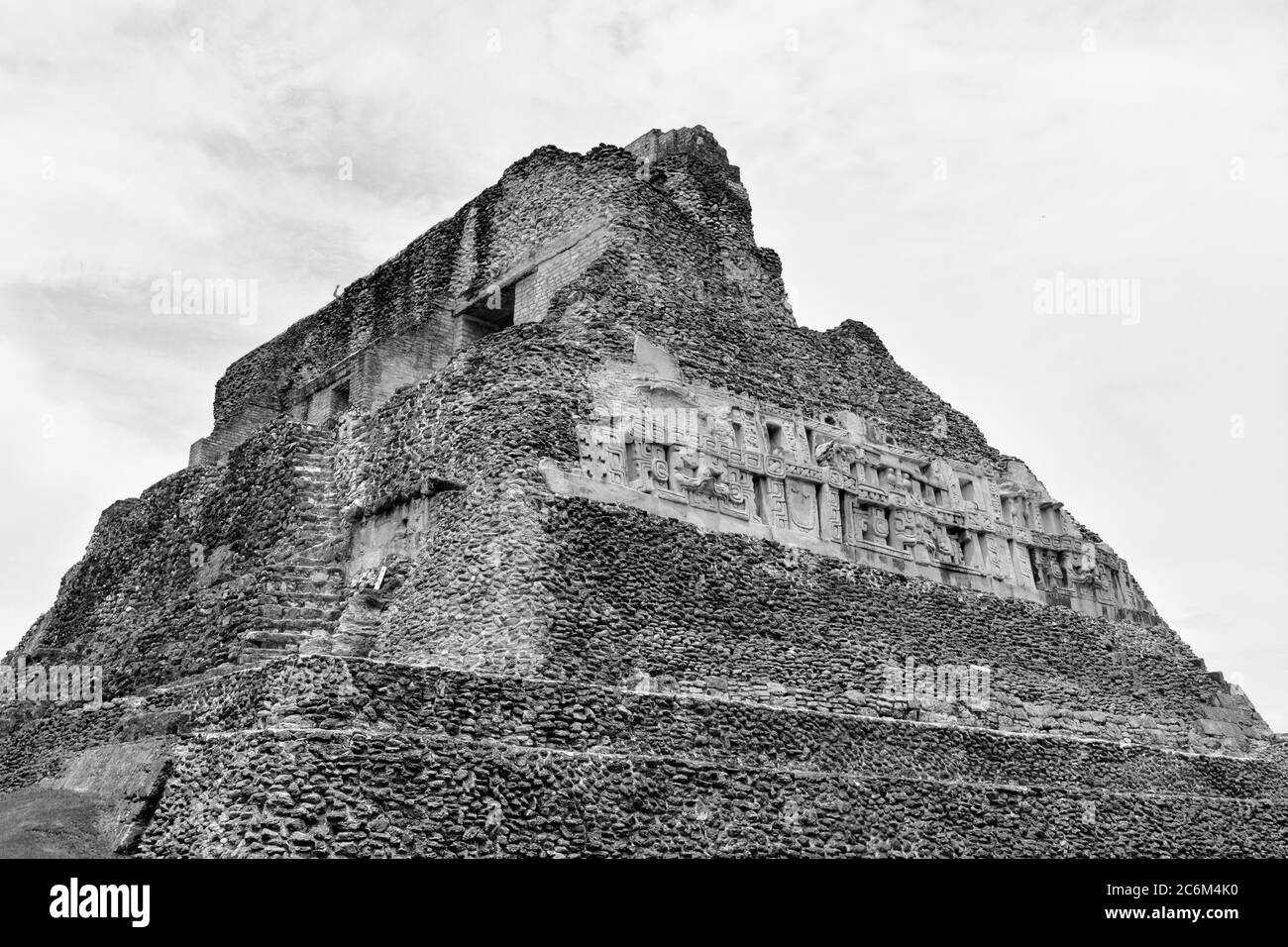 Historic ancient city ruins of Xunantunich Archaeological Reserve in Belize. Black and White Stock Photo