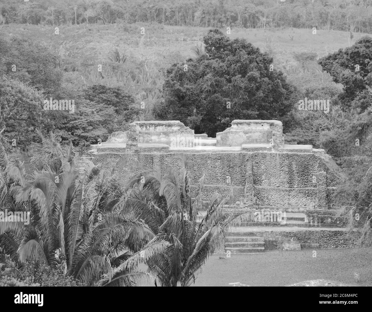 Historic ancient city ruins of Xunantunich Archaeological Reserve in Belize. Black and White Stock Photo