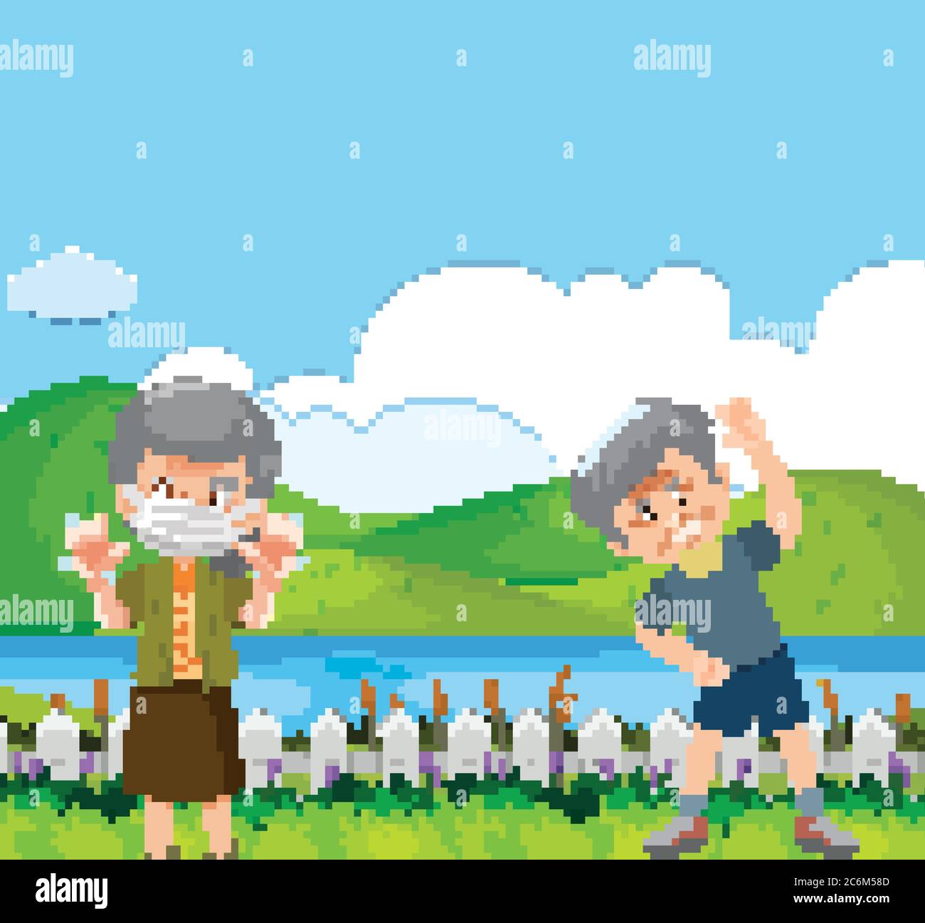 Scene with two old people exercising in the park illustration Stock ...