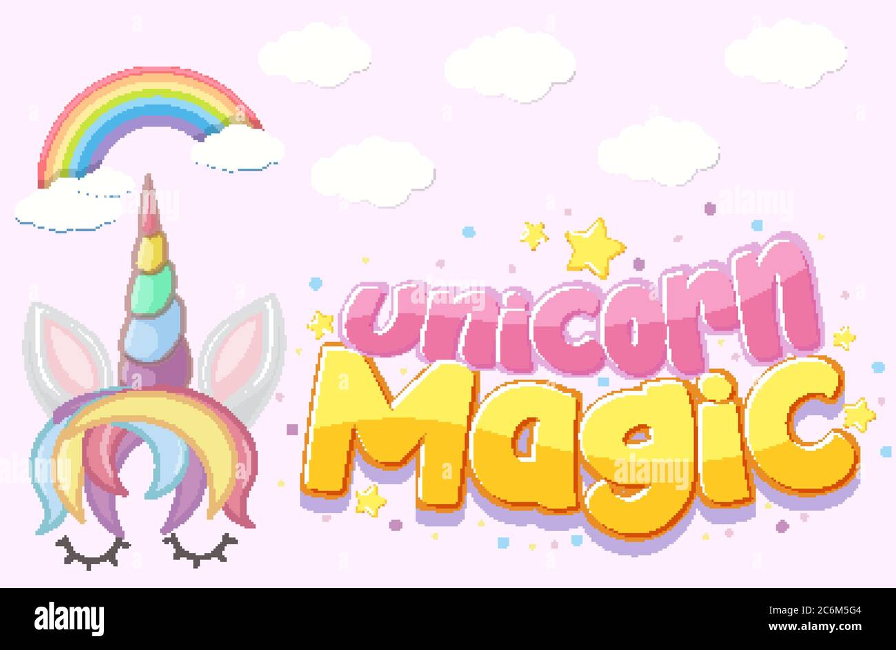 Unicorn magic logo in pastel color with cute unicorn and star confetti ...