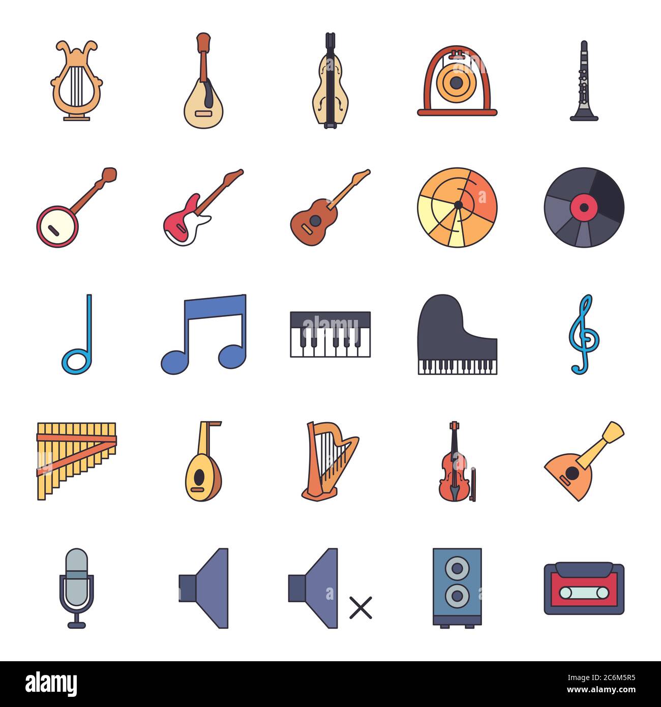 line and fill style icon set design, Music instruments sound melody ...