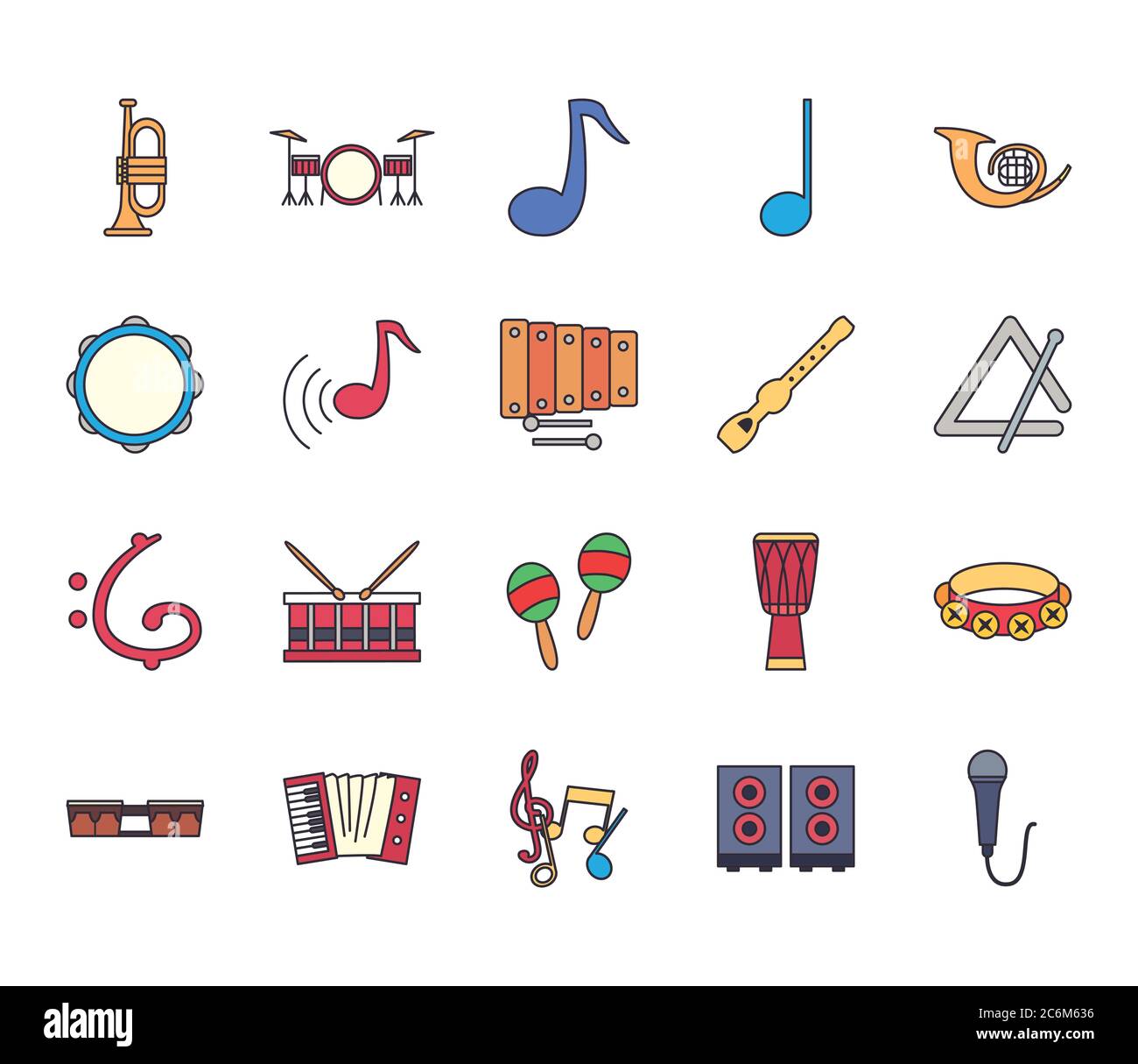 line and fill style icon set design, Music instruments sound melody