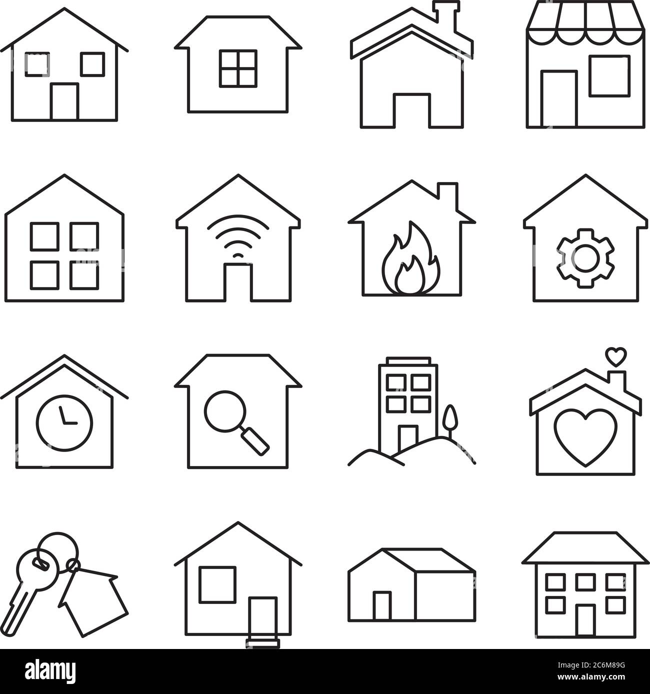 store and home icon set over white background, line style, vector ...