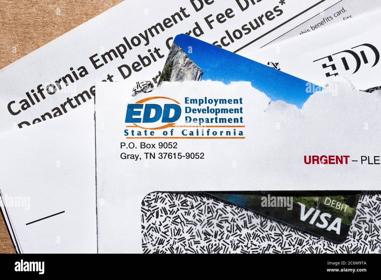 July 9, 2020 Sunnyvale / CA / USA - State of California Employment Development Department (EDD) correspondence, including the prepaid VISA Debit card Stock Photo