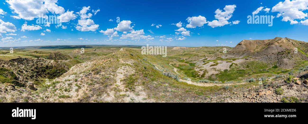 View of Grasslands National Park glacial formations from top of 70 Mile Butte Stock Photo