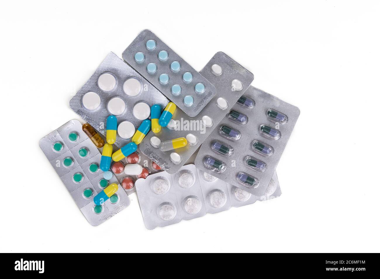 Overhead view of multiple strips of pills tablet, caplet, capsule