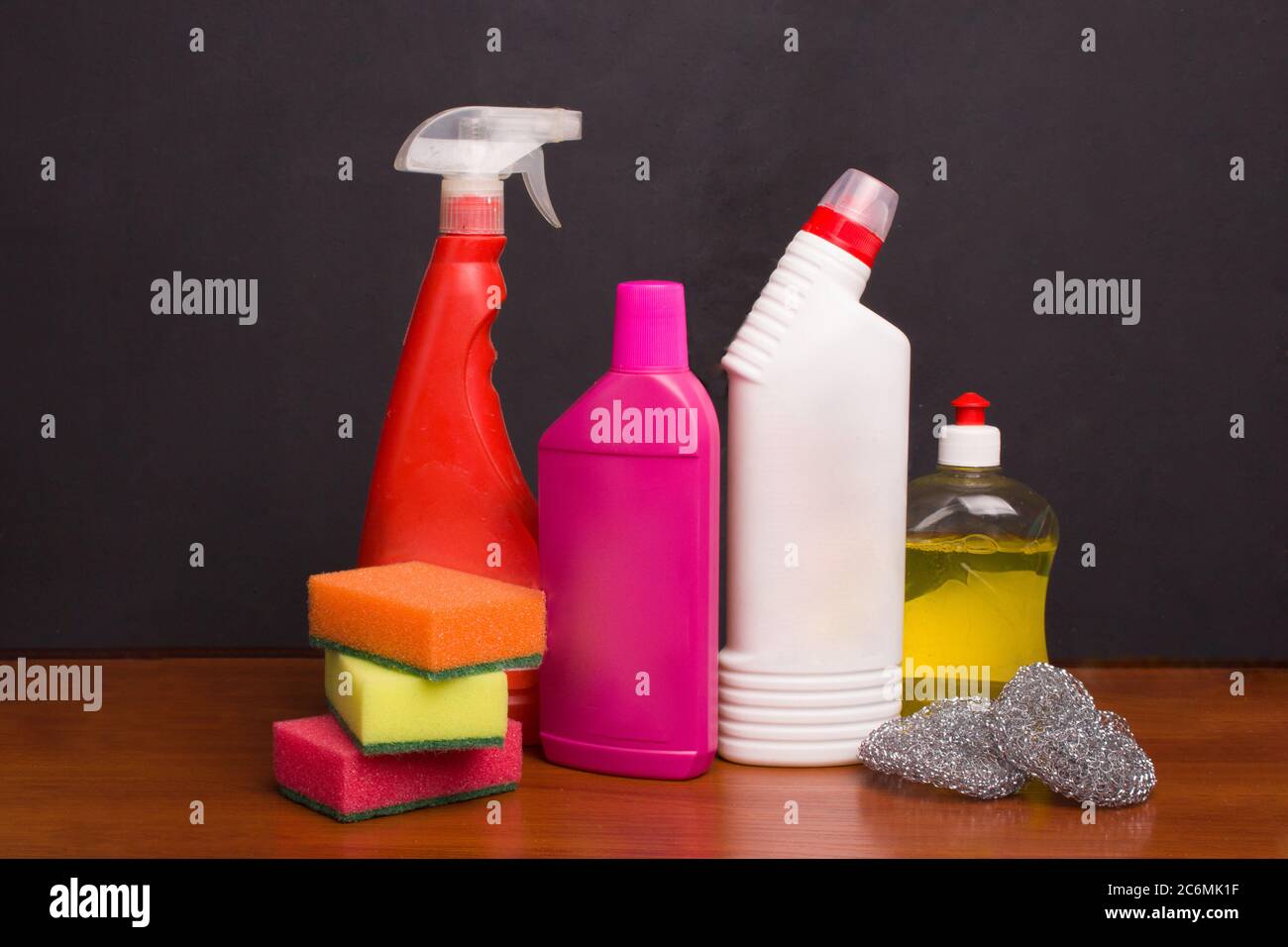 Set for cleaning various surfaces in the kitchen, bathroom and other areas. Concept of home cleaning services. Stock Photo