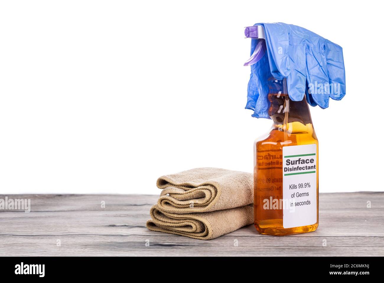 Surface disinfectant spray with gloves and cloth, tools for instant sanitization against virus and bacteria Stock Photo
