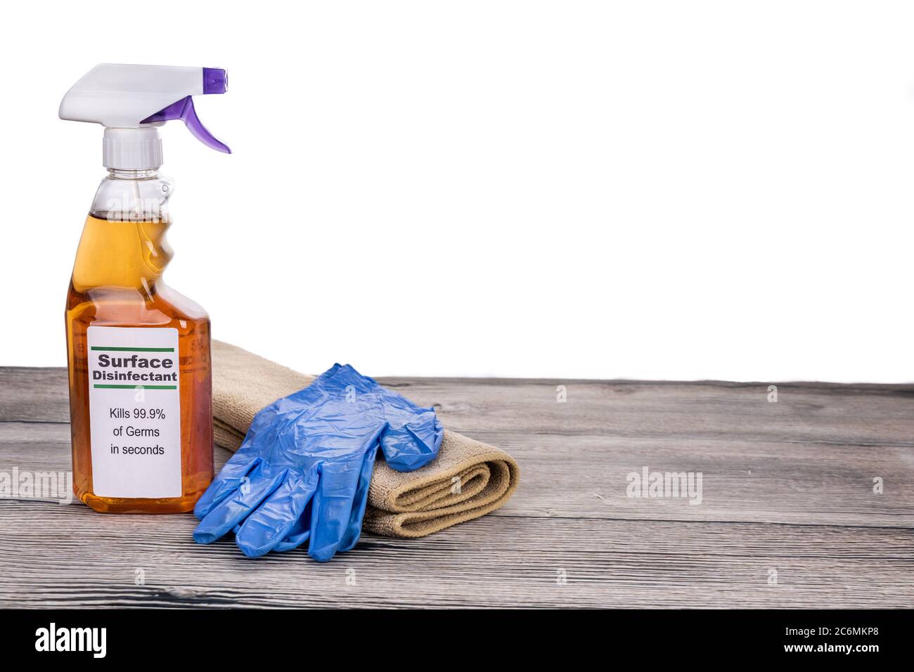 Surface disinfectant spray with gloves and cloth, tools for instant sanitization against virus and bacteria Stock Photo