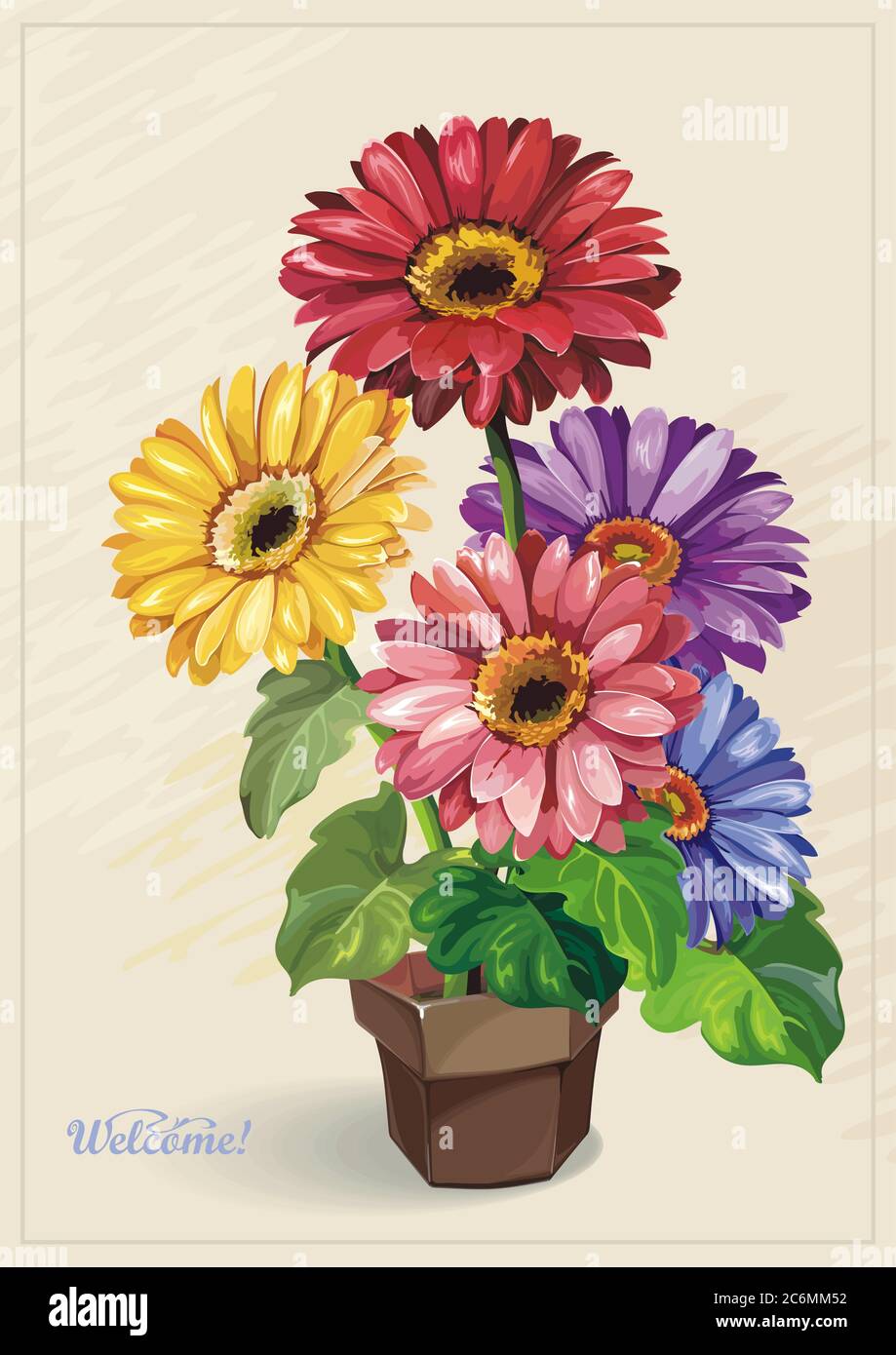 Spring flowers in brown pot Stock Vector
